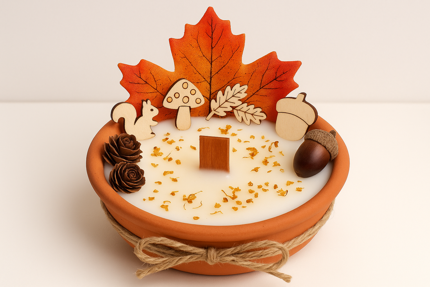 Handgemachte Herbst-Kerze „Autumn Woodland Collection" – Dekorative Sojawachs-Kerze mit Holzdekorationen in Terrakotta-Schale