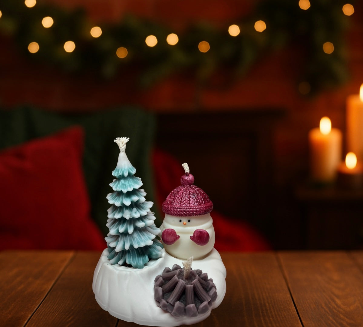 Handgemachte Weihnachts-Dekokerzen „Winterzauber-Set" – Schneemann, Tannenbaum & Lagerfeuer