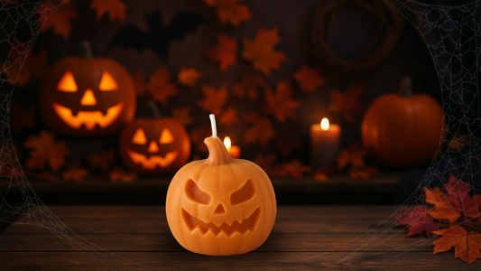 Handgemachte Kerze „Classic Pumpkin" – Traditionelle Halloween-Sojawachs-Kerze mit gruseligen Gesichtszügen