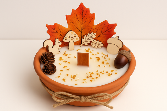 Handgemachte Herbst-Kerze „Autumn Woodland Collection" – Dekorative Sojawachs-Kerze mit Holzdekorationen in Terrakotta-Schale